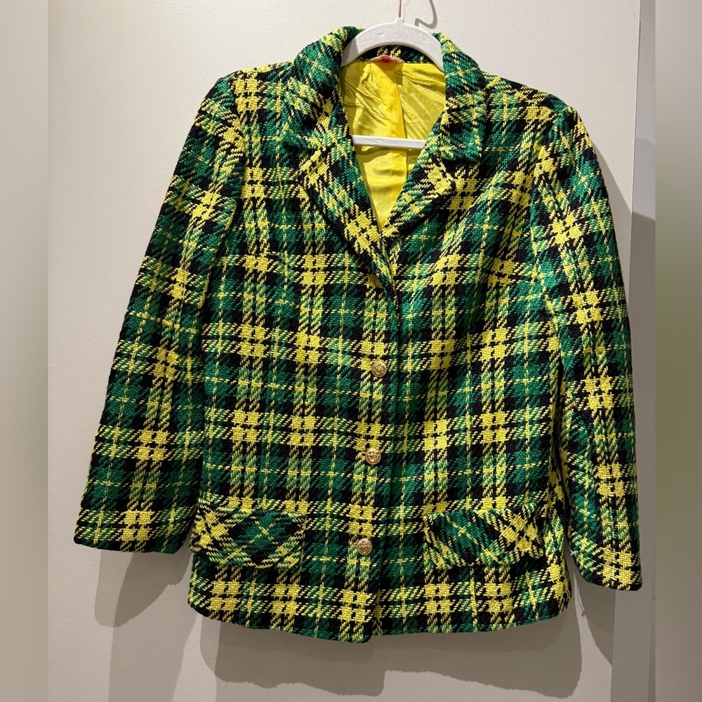 Vintage 1970s “Juniorite” Green & Yellow Tweed Plaid Blazer With Gold Buttons - Picture 2 of 5